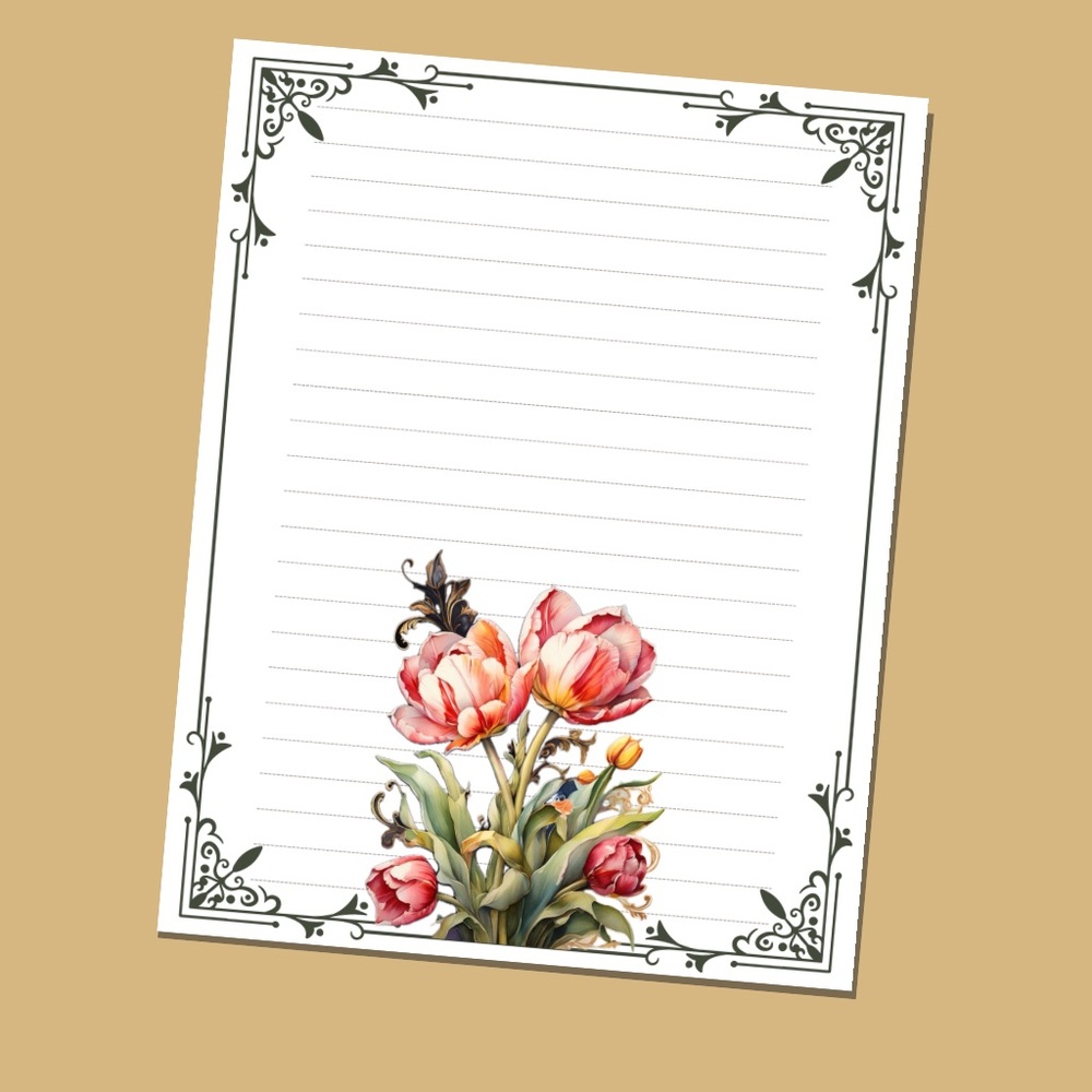 Tulips Design #3 - Lined Stationery Paper (25 Sheets) 8.5 x 11 Premi…